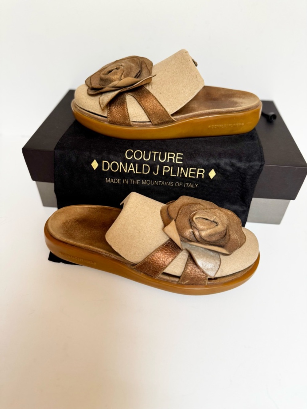 Donald J. Pliner Tan and Brown Floral Slide Sandals